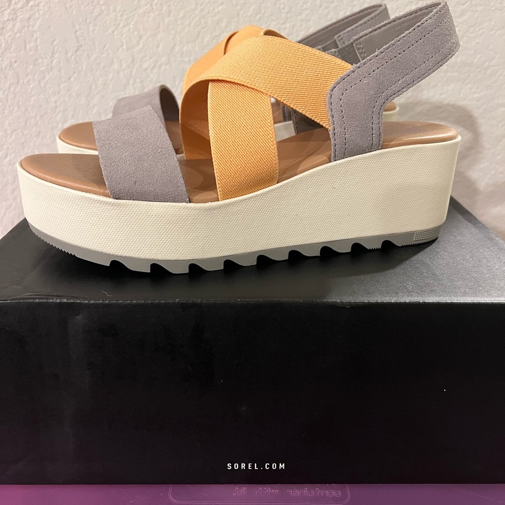 Sorel Women's Platform Wedge Sandals in Gray and Mustard